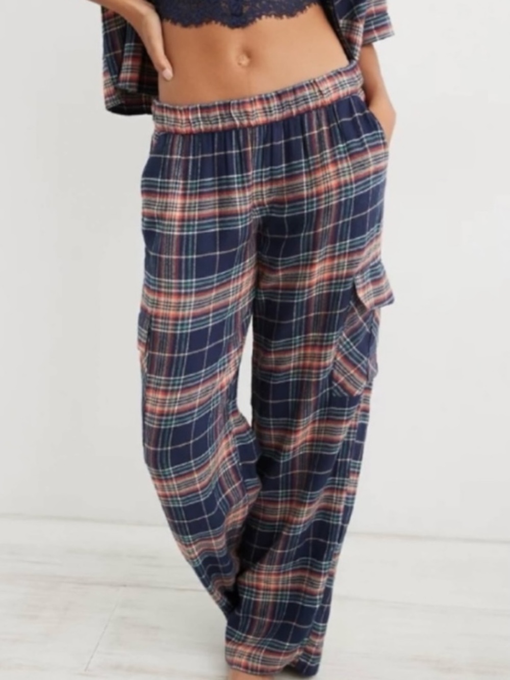 Aerie Plaid Flannel Roll Down Baggy Cargo Skater Pajama Lounge Pants Navy XL
